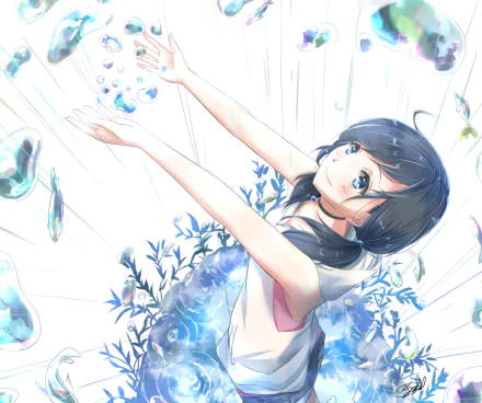 Hina Amano (Weathering with You) anime scene: reaching up amid falling water droplets and blue blooms — HD PC desktop wallpaper/background.