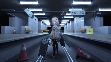 AA-12 (Girls Frontline) stands on an empty subway platform with oversized weapon parts — Girls Frontline video game 2K Quad HD PC desktop wallpaper/background.