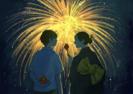 Anime-style 4K Ultra HD desktop wallpaper featuring two characters sharing a moment under vibrant fireworks lighting up the night sky.