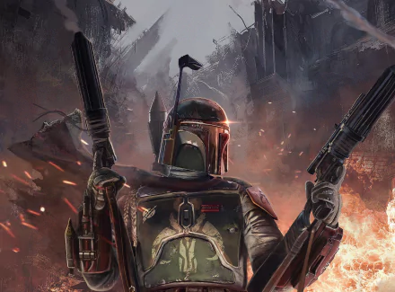 HD Star Wars desktop wallpaper featuring Boba Fett in battle-ready armor, holding dual blasters amidst a smoky, fiery sci-fi backdrop.