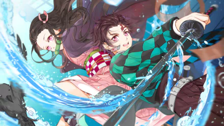 HD desktop wallpaper of Tanjiro Kamado and Nezuko Kamado from Demon Slayer: Kimetsu no Yaiba. Tanjiro wields a katana with blue water effects, while Nezuko has long brown hair and pink eyes.