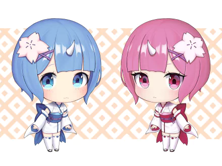 Chibi-style Ram and Rem from Re:Zero - Starting Life in Another World, featured in a vibrant 4K Ultra HD anime desktop wallpaper.