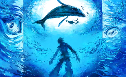 HD anime desktop wallpaper from Children of The Sea featuring a boy underwater surrounded by fish and a large whale above, framed by watery eyes on both sides.