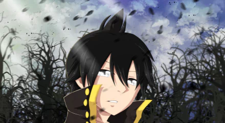 Zeref Dragneel (Anime, Fairy Tail) portrait with dark, windblown forest and falling leaves — 2K Quad HD PC desktop wallpaper and background.