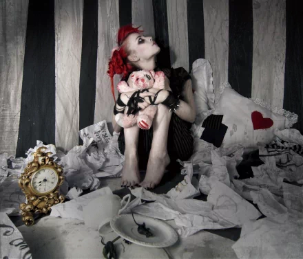 HD PC desktop wallpaper featuring Emilie Autumn in a dark, theatrical setting with torn papers, a vintage clock, and striped backdrop, capturing her music persona.