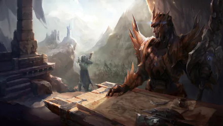 HD PC desktop wallpaper featuring Jarvan IV (League of Legends): armored commander leaning on a war table, overlooking a misty mountain battlefield, dramatic video game artwork.