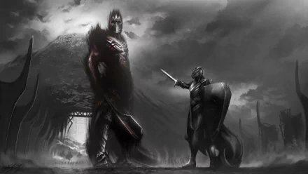 HD fantasy desktop wallpaper depicting Fingolfin and Morgoth from The Lord of the Rings, set in a dark, dramatic battlefield scene.