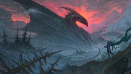HD fantasy painting of a knight facing a massive dragon amid dark, jagged terrain under a fiery red sky, designed as a dramatic PC desktop wallpaper background.