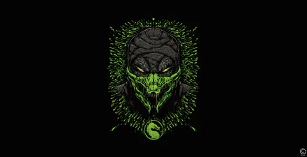 HD PC desktop wallpaper of Reptile from the Mortal Kombat video game: neon-green reptilian skull mask portrait with glowing eyes and Mortal Kombat logo on a black background.