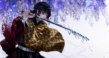 HD desktop wallpaper featuring Giyuu Tomioka from Demon Slayer: Kimetsu no Yaiba, showcasing his swordsmanship against a backdrop of purple wisteria blossoms.