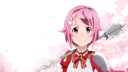 HD PC desktop wallpaper/background of Rika Shinozaki (Sword Art Online): pink-haired anime warrior in red armor holding a mace before a soft cherry blossom background.