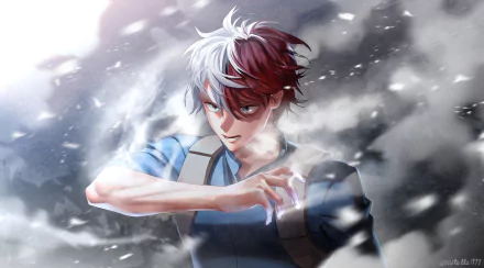 Shoto Todoroki (My Hero Academia) in a dynamic ice-and-fire pose, 2K Quad HD anime PC desktop wallpaper.