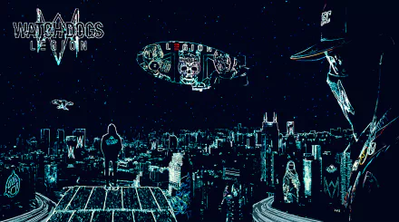 8K Ultra HD PC desktop wallpaper/background for the Watch Dogs: Legion video game — neon-cyan London skyline at night with masked operatives, drones and a propaganda blimp.