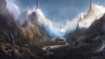 HD fantasy landscape showcasing towering mountains shrouded in mist, with dramatic peaks and a mysterious, otherworldly atmosphere for a PC desktop wallpaper.