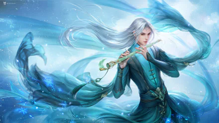 A white-haired oriental sorcerer plays a flute, surrounded by swirling magical blue energy in a fantasy HD desktop wallpaper.