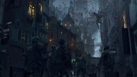 HD fantasy city wallpaper depicting a dark, foggy urban scene with vampire figures and police presence, blending gothic architecture and eerie atmosphere.