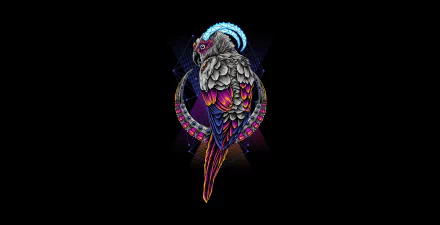 HD PC desktop wallpaper featuring a vibrant retrowave-style parrot with neon colors and artistic geometric patterns on a dark background.