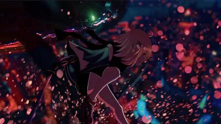 Okita Souji in a yukata wielding a katana under a night sky, surrounded by glowing particles in this HD Fate/Grand Order anime desktop wallpaper.