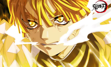 HD PC desktop wallpaper/background of Zenitsu Agatsuma from Demon Slayer: Kimetsu no Yaiba — close-up anime portrait with fierce, glowing yellow eyes and crackling lightning effects.