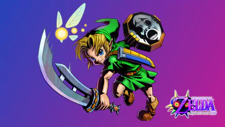 Link from the video game The Legend of Zelda: Majora's Mask lunges with sword and small shield against a vibrant purple-blue gradient — 2K Quad HD PC desktop wallpaper/background.