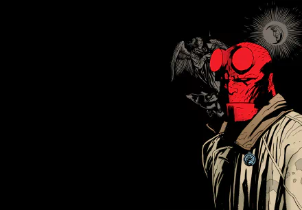 Comic-style Hellboy portrait on black background: red-skinned demon hero in trench coat with glowing goggles and sigil, 4K Ultra HD PC desktop wallpaper.