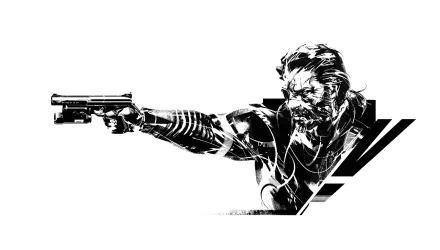 Black-and-white HD desktop wallpaper of Venom Snake from Metal Gear Solid V: The Phantom Pain — stylized sketch of him aiming a pistol, video game artwork.