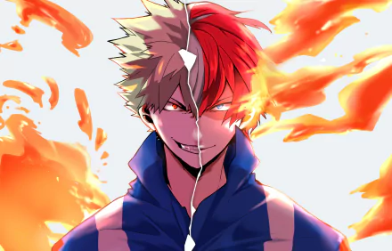HD PC desktop wallpaper featuring Katsuki Bakugou and Shoto Todoroki from the anime My Hero Academia with fiery effects highlighting their powers.