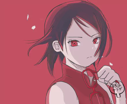 HD PC desktop wallpaper featuring Sarada Uchiha from Boruto, depicted with intense red eyes and a determined expression against a red background.