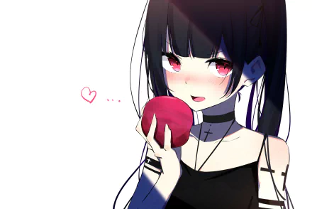 Anime original: dark-haired girl with pink eyes holding a red apple, blushing with a tiny heart — 2K Quad HD PC desktop wallpaper/background.