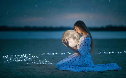 long hair mood brunette night sand dress moon photography manipulation night mood HD Desktop Wallpaper | Background Image