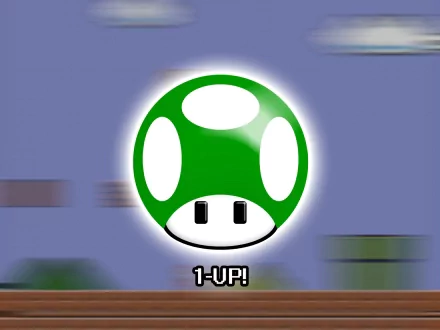 A vibrant HD wallpaper featuring the iconic green 1-Up Mushroom from the Super Mario video game series, set against a colorful, dynamic background.