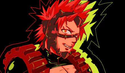 HD PC desktop wallpaper of Eijiro Kirishima from My Hero Academia, showcasing his fierce expression and vibrant red hair in dynamic anime style.