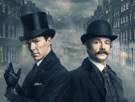 HD desktop wallpaper featuring actors Benedict Cumberbatch and Martin Freeman in period hats from the English movie Sherlock: The Abominable Bride.