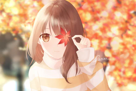 Anime-style HD desktop wallpaper featuring a character with brown eyes and brown hair holding a red maple leaf against a warm, blurred autumn background.