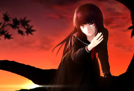 Yuuko Kanoe from Tasogare Otome x Amnesia sits on a tree branch against a crimson sunset, dark school uniform and glowing red eyes — HD PC anime desktop wallpaper background.