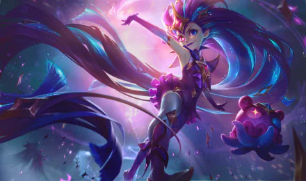 4K Ultra HD wallpaper of Zoe from League of Legends, showcasing her vibrant heterochromia and dynamic pose in a colorful, magical video game scene.