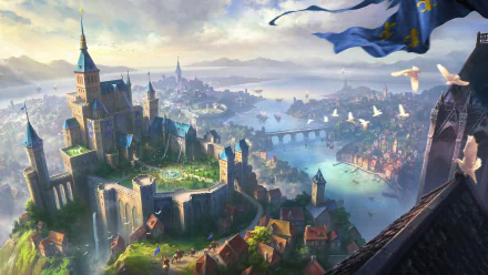 HD fantasy cityscape wallpaper featuring a sprawling castle overlooking a vibrant city with rivers, bridges, and flying banners under a cloudy sky.