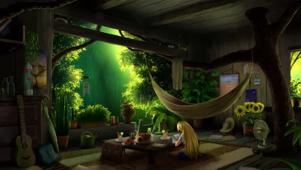 Anime-style room bathed in sunlight, featuring a hammock, plants, and cozy furniture, captured in a detailed HD PC desktop wallpaper background.