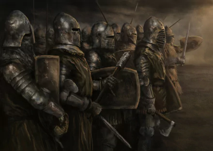 HD fantasy desktop wallpaper showing a line of armored knights wearing helmets and holding axes, swords, and shields, set in a dark, smoky atmosphere.