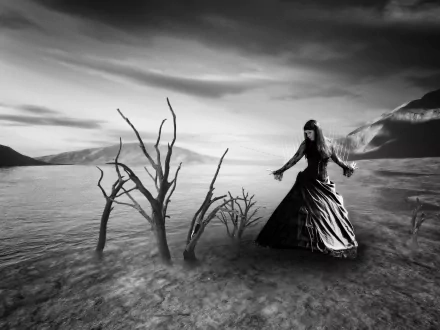 A haunting black and white scene featuring a woman in a flowing gown standing amidst barren trees by a serene, dark lake—an evocative gothic HD wallpaper for your desktop.