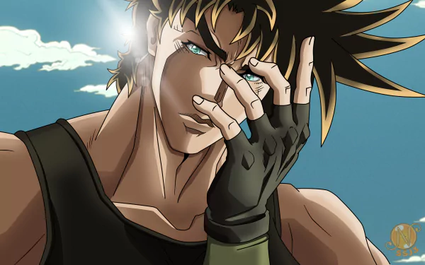 4K Ultra HD anime wallpaper featuring Joseph Joestar from Jojo's Bizarre Adventure striking a dynamic pose against a bright sky background.
