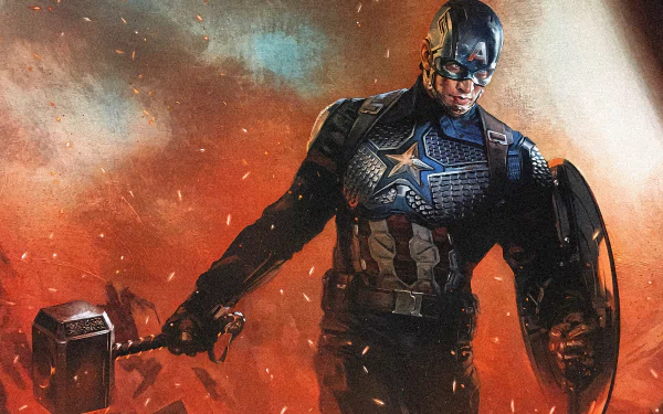 Captain America wields Mjölnir, set against a fiery backdrop, inspired by Avengers Endgame in this HD movie-themed PC desktop wallpaper.