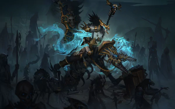Dark undead necromancer sorcerer wielding a magical staff, surrounded by ghostly blue energy and skeletal creatures in a shadowy, eerie landscape.