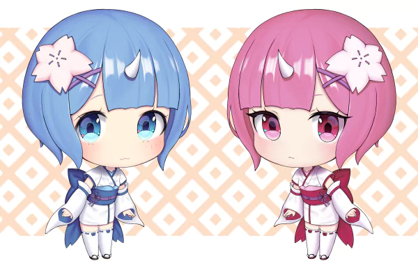 Chibi-style Ram and Rem from Re:Zero - Starting Life in Another World, featured in a vibrant 4K Ultra HD anime desktop wallpaper.