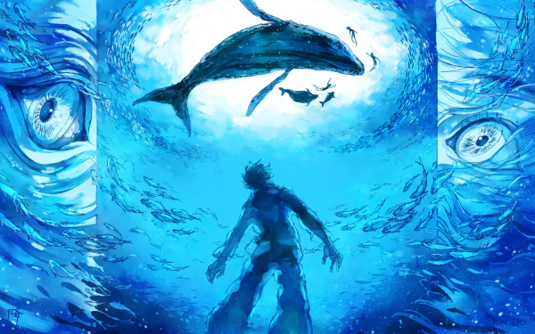 HD anime desktop wallpaper from Children of The Sea featuring a boy underwater surrounded by fish and a large whale above, framed by watery eyes on both sides.