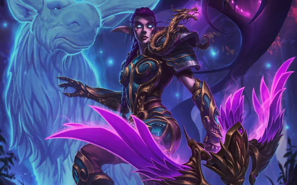 A purple-haired elf woman warrior in ornate armor wields glowing purple blades, standing beside a majestic elk, set against a magical, dark blue World of Warcraft background.