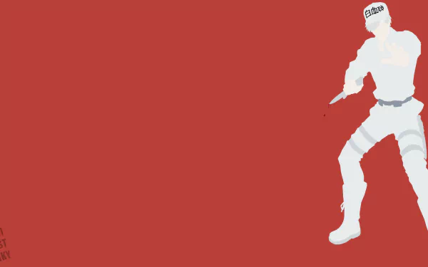 Minimalist anime 4K PC wallpaper: Cells at Work! character U-1146 in white silhouette, weapon in hand, on a solid red background.