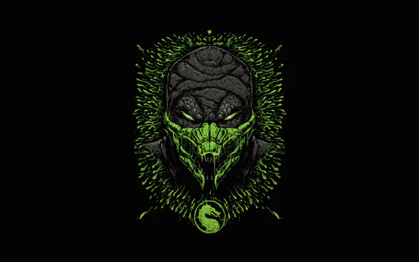 HD PC desktop wallpaper of Reptile from the Mortal Kombat video game: neon-green reptilian skull mask portrait with glowing eyes and Mortal Kombat logo on a black background.