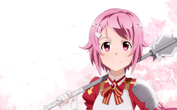 HD PC desktop wallpaper/background of Rika Shinozaki (Sword Art Online): pink-haired anime warrior in red armor holding a mace before a soft cherry blossom background.