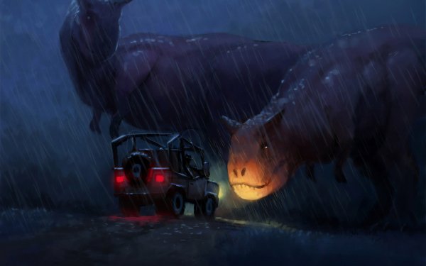 Animal Dinosaur Dinosaurs Jeep Night Rain HD Wallpaper | Background Image